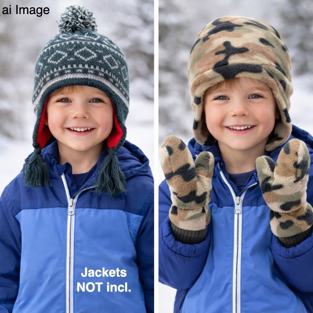 Kids Camo Fleece Trapper Hat w‎ Mittens Set 2T-4T Winter Warm Playcore Practical